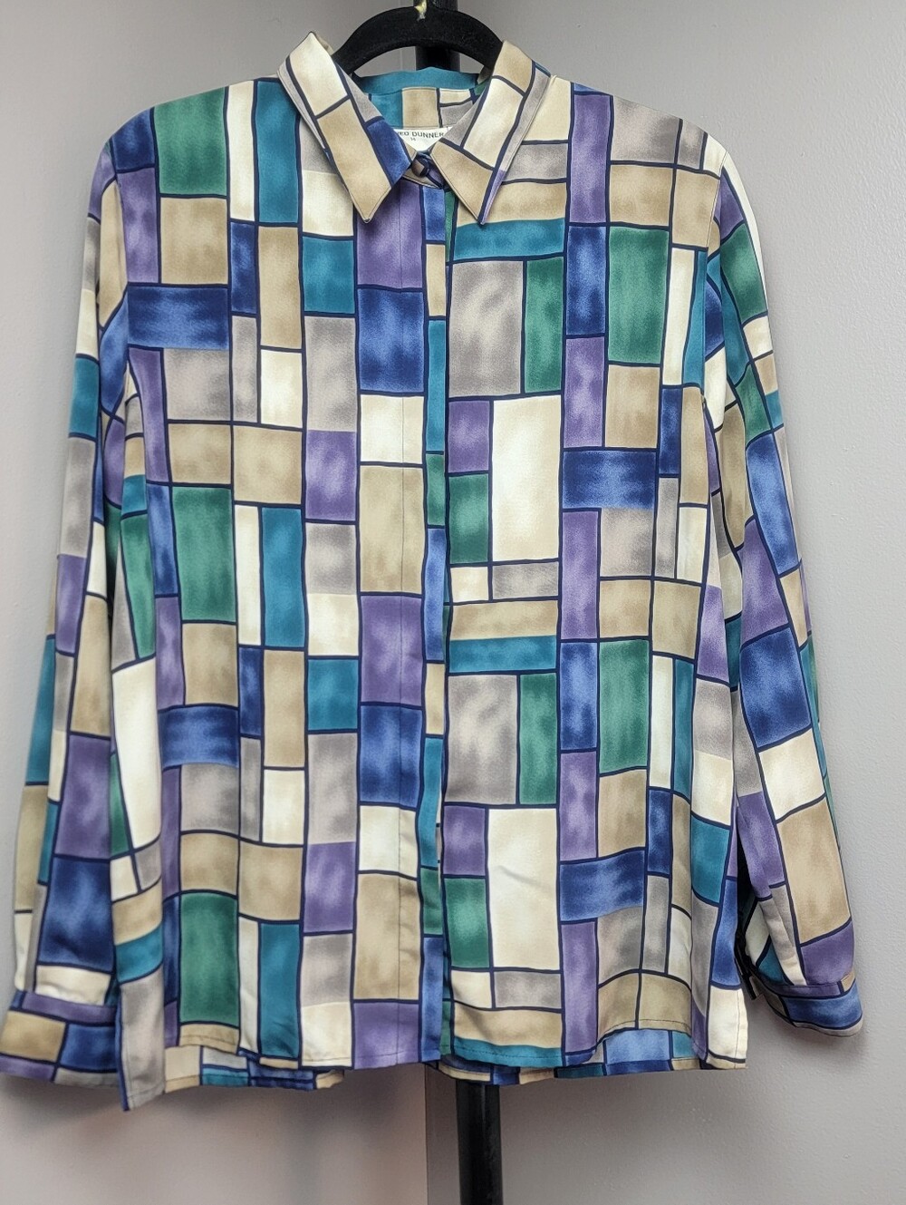 Vtg. Alfred Dunner 80s Look Geometric Mozaic Shirt Blue Green Beige Blouse Top